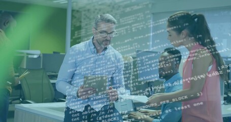 Managing team lead holding tablet guiding developers typing at tech office desk, with code overlay