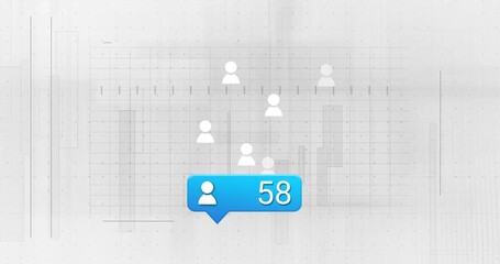 Displaying white user icons on light gray grid charts highlighting blue notification bubble with 58