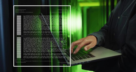 Typing Korean IT pro holding laptop and coding among server racks, with code overlay, copy space