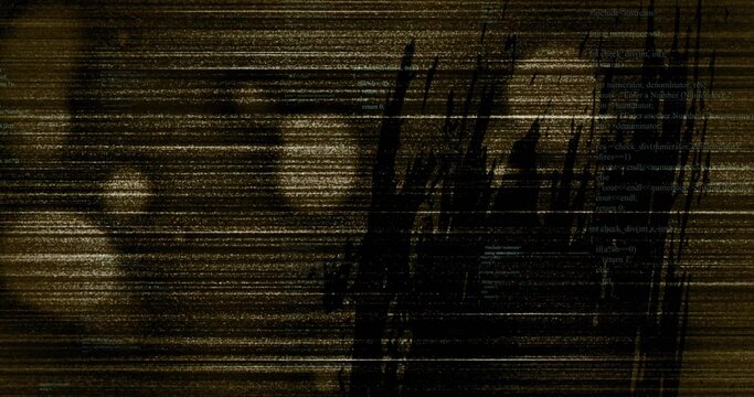 Dark smudge distorting gold noise lines and circular artifacts on corrupted display, with code text