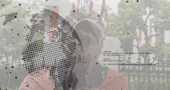 Standing man wearing red shirt and straw hat in courtyard, with woven container and code overlay