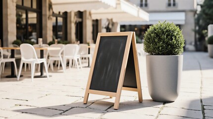 blank white menu stand mockup for promotional advertising along pathway near cafe storefront | food, cafe, restaurant, advertising, promotion theme