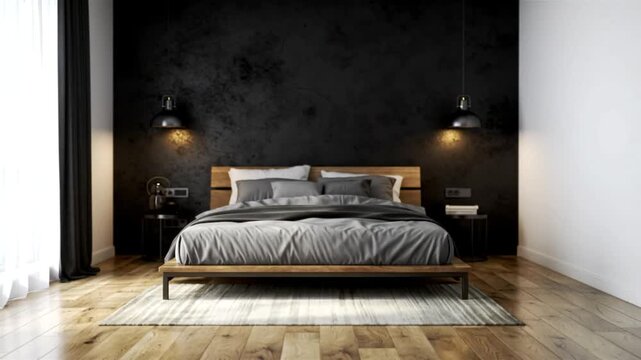 Bedroom with black wall and wooden bed frame under pendant lamps