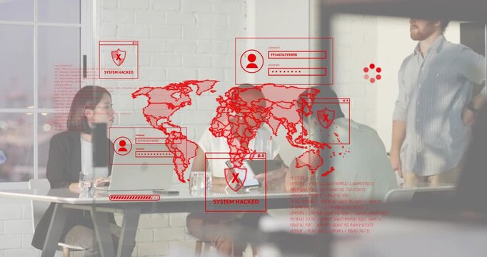 IT team using devices red overlay animating then glitching SYSTEM HACKED typing fighting hack