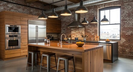 Interior kitchen with island and brick wall and pendant lights