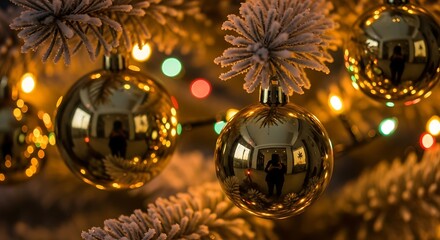 Close up of christmas tree with gold ornaments and lights bokeh
