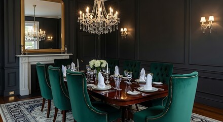Dining room features crystal chandelier and emerald green chairs