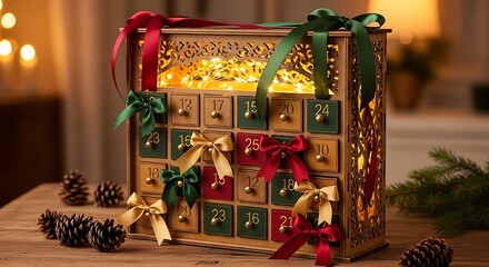 Festive advent calendar with ribbons and pinecones on table top