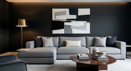 Living room with gray sectional sofa and abstract wall art decor