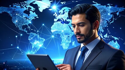 Global connectivity visualized with a professional using a tablet, world map background - Powered by Adobe