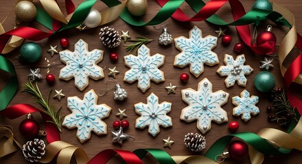 Snowflake cookies with christmas ornaments and ribbon on wood table