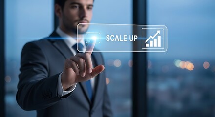 Businessman touches digital screen showing scale up with growth chart and increasing arrow