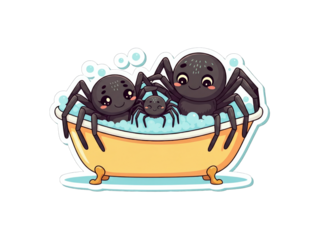 spider family with a baby taking a bubble bath together in a yellow tub.