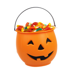 Bright orange plastic jack-o'-lantern bucket with colorful candies on transparent background