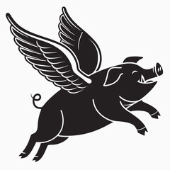A black silhouette of a pig with wings in mid flight