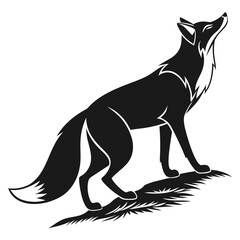 Stylized black fox with white markings on a dark background