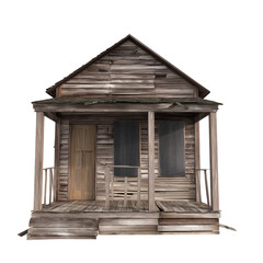 Aged wooden house with rustic porch and transparent background