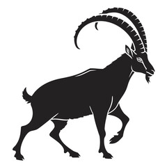 Silhouette of an ibex with large curved horns