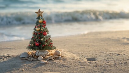 Decorated christmas tree on a sandy beach with starfish and shells near the sea