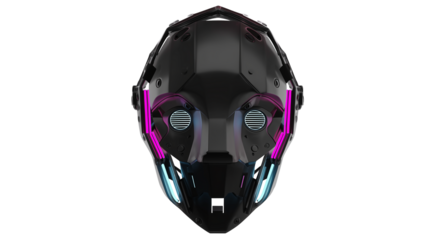 Futuristic mask with geometric design and metallic accents on transparent background