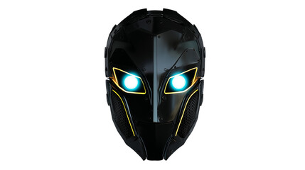 Sleek futuristic mask with high-tech design, glossy black material, yellow accents, blue glowing eyes, isolated on transparent background