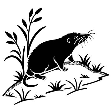 Black silhouette of a shrew among grass and reeds