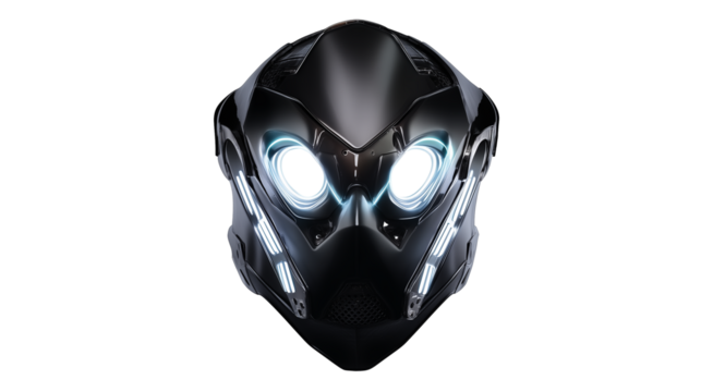 Futuristic mask with glowing blue eyes on transparent background