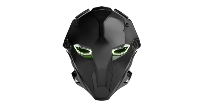 Futuristic black mask with glowing green eyes on transparent background