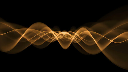 Symmetrical pattern of orange-gold waves or sine waves, intertwining and pulsating against a black background, creating sense of movement and energy.