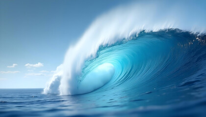 Obraz premium Huge, powerful ocean wave with turquoise crest, curling into a tube shape under a light sky with wispy clouds.