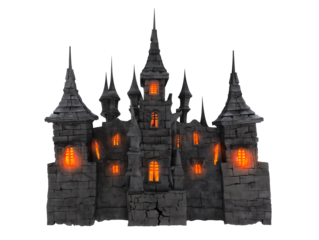 3D rendering of a gothic castle with turrets and spires on transparent background