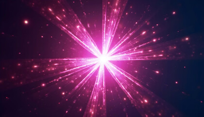 Fototapeta premium Burst of bright magenta-pink light and rays emanating from the center, surrounded by shimmering particles, creating starburst effect.