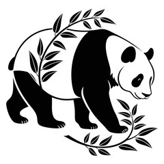 Stylized black and white panda with bamboo branches