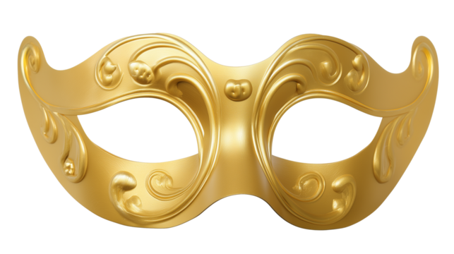 Ornate gold-colored mask with intricate swirls and floral patterns on transparent background