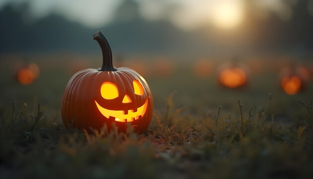 Lit jack-o'-lantern stands in field or lawn among blurred background pumpkins during sunset or twilight.