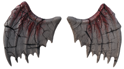 Pair of dark leather wings with red veins on transparent background