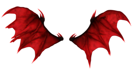 Pair of vivid red bat-like wings with sharp pointed tips on transparent background