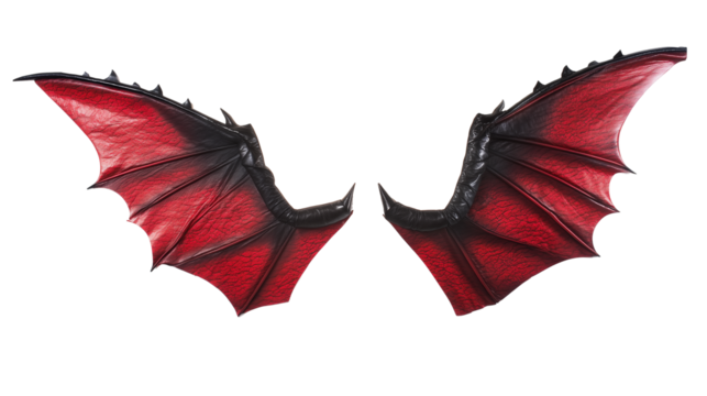 Pair of symmetrical bat wings with deep red and black texture on transparent background