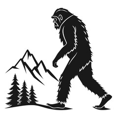 Bigfoot walking through mountains and trees