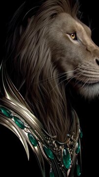 a close-up portrait of a lion's face, adorned with an ornate necklace featuring green stones.