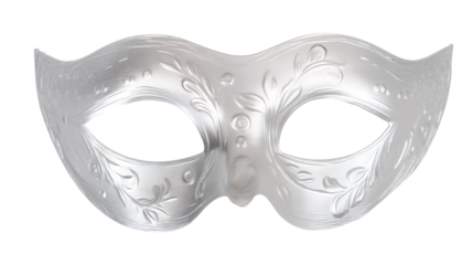 Ornate silver masquerade mask with floral patterns on transparent background