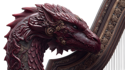 An ornate Viking harp with a carved dragon head on the neck. isolated on white background  ---q 2