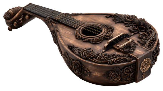 Beautifully crafted medieval lute with intricate wood carvings and worn strings. isolated on white background  ---q 2