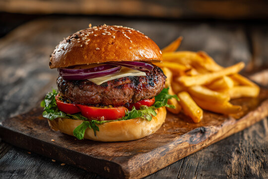 burger, food, fast food, fries, wooden table, meal, sandwich, beef burger, cheeseburger, lunch, dinner, rustic, grilled, restaurant, snack, meat, delicious, gourmet, barbecue, bun, ketchup, mustard, a