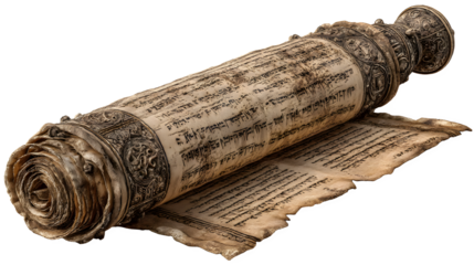 Weathered papyrus scroll with mysterious, hand-drawn ancient writings and curled edges. isolated on white background  ---q 2