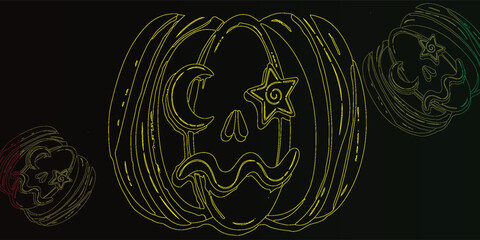 A detailed illustration of a Halloween pumpkin with a moon and star design, set against a dark background.