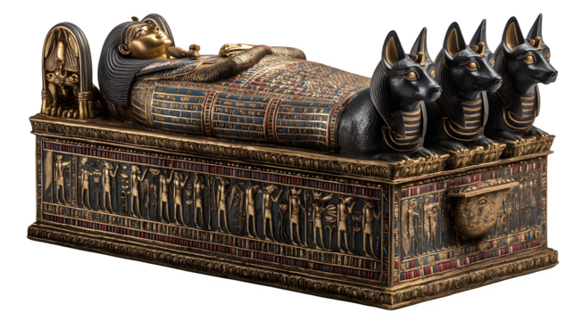 Gilded sarcophagus from ancient Egypt, decorated with mythical creatures. isolated on white background  ---q 2