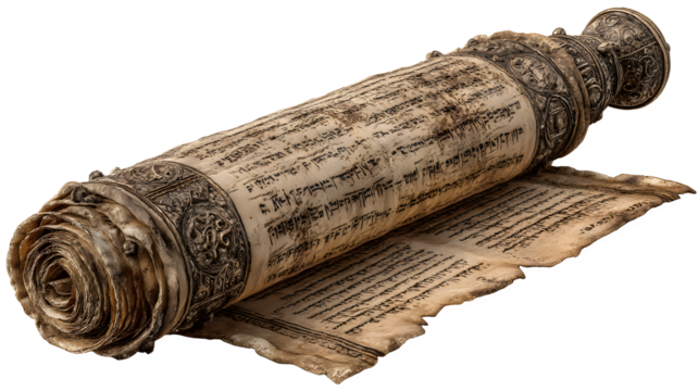 Weathered papyrus scroll with mysterious, hand-drawn ancient writings and curled edges. isolated on white background  ---q 2