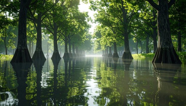 Sunlit flooded forest path