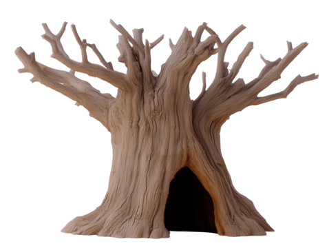 Ancient tree sculpture with hollowed trunk and twisted branches on transparent background